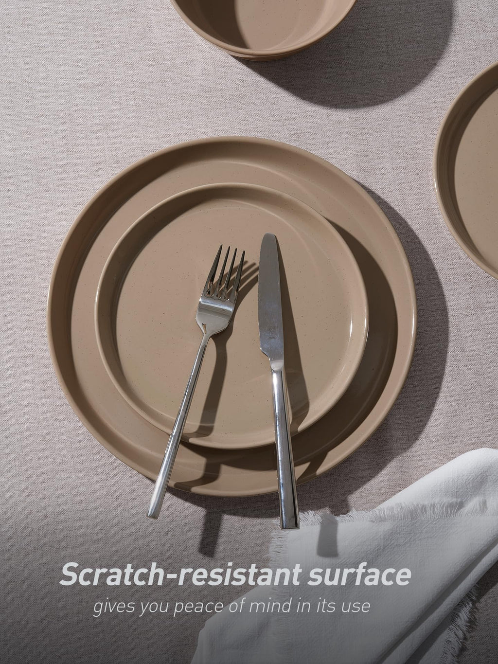 Famiware Saturn 16 Pieces Plates and Double Bowls Sets for 4, Stoneware Dinnerware Set with Pasta Bowl, Dish Set with Trim - Chip & Scratch Resistant, Microwave & Dishwasher Safe, Cinnamon Brown