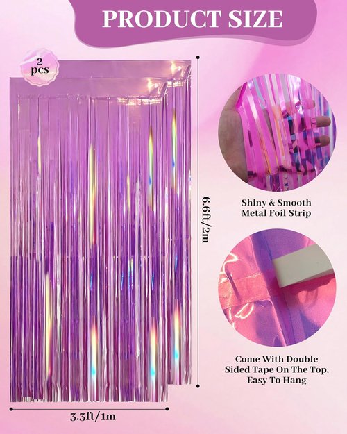 Iridescent Rose Pink Party Streamers - 2 Pack Neon Transparent Holographic Tinsel Backdrop | 3.31 x 6.6 ft