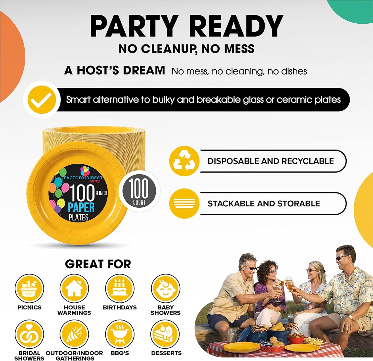 Regine Switzerland Heavy-Duty Yellow Disposable Paper Plates - 9 Inch, 100 Pcs for Parties & Events