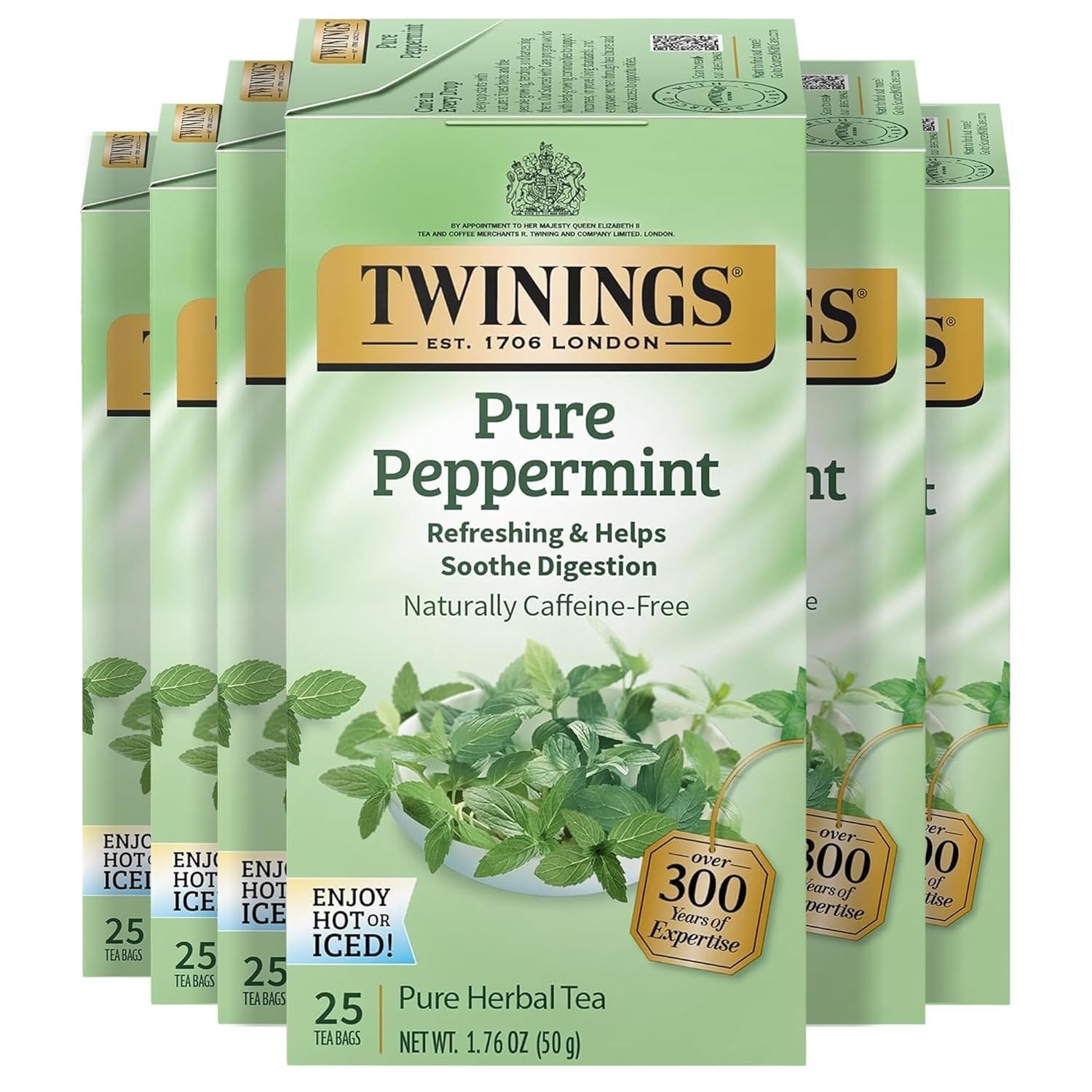 Twinings Pure Peppermint Herbal Tea - Individually Wrapped Bags, 25 Count | Caffeine-Free, Fresh Minty Flavor