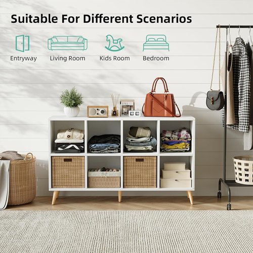Flrrtenv 8-Cube Bookshelf - Modern 2-Tier Bookcase with Legs | 47" Wood Storage Organizer in White