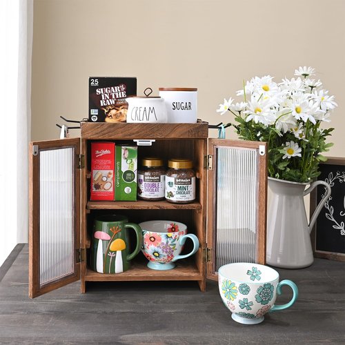 Ikee Design Wooden Countertop Storage Cabinet with Wavy Magnetic Door, Adjustable Shelves, Removable Hooks. Perfect for Perfume, Figurines, and Coffee Cups, Brown Color, 10.4 W x 6.1 D x 14.4 H in