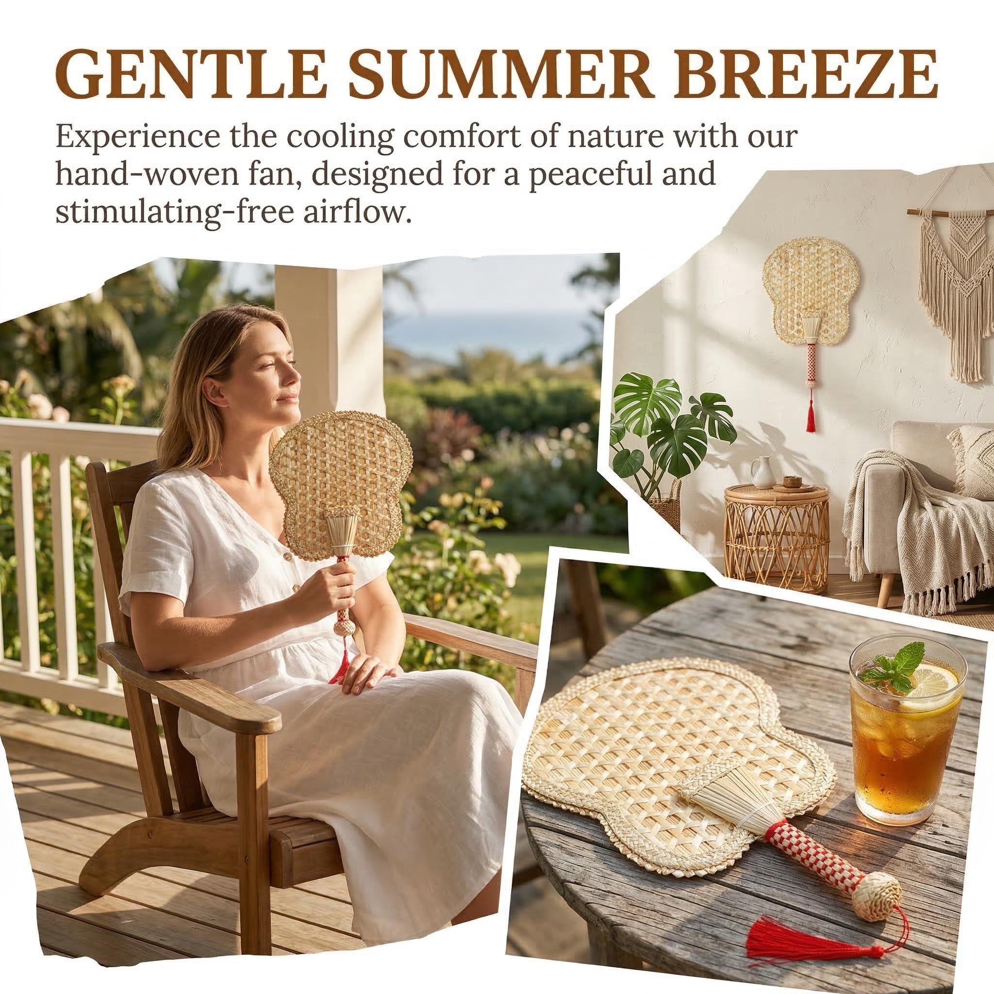 Goaste 2 Packs Hand Woven Fan, Handheld Wheat Straw Fans, Rustic Chinese Manual Fan for Summer Cooling, Wedding Palm, Home Decoration, DIY Decoration, Elderly Travel Supplies, Personal Use Gift