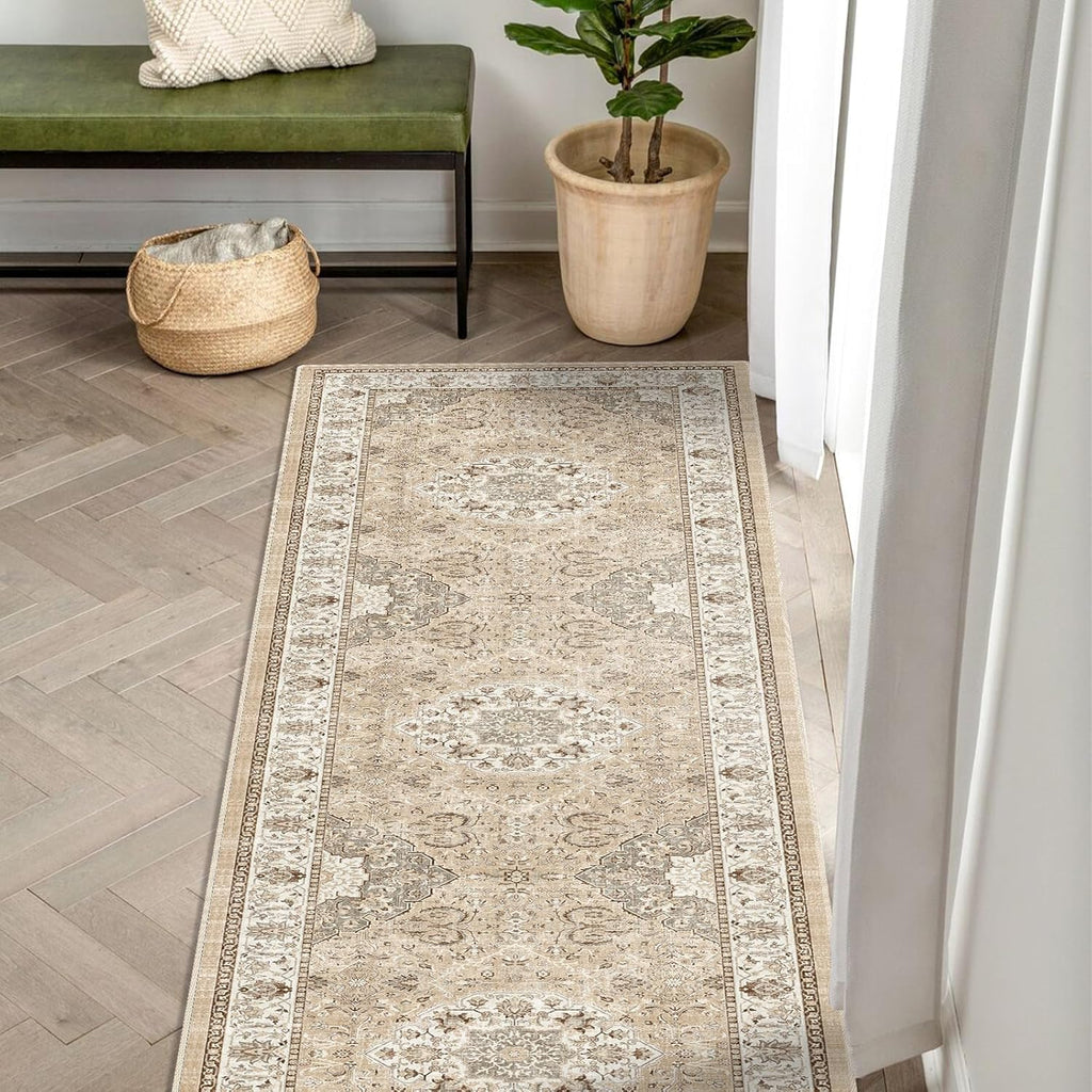 Skiennix Washable 2x8 Hallway Runner Rug - Vintage Water-Resistant, Ultra Soft, Non-Slip Backing | Beige