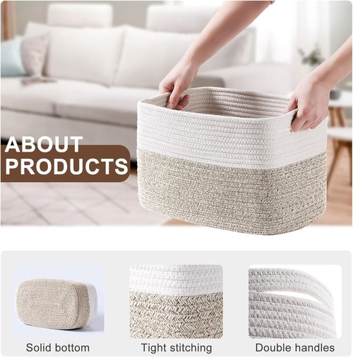 Homsorout Cotton Rope Baskets - 12” Decorative Woven Storage Bins for Living Room & Laundry | 4 Pack, White/Brown
