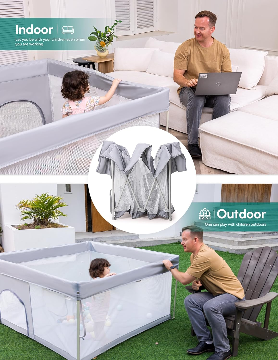 Babelio Foldable Baby Playpen - Portable 46" x 46" Playard for Indoor & Outdoor Use - No Assembly Required, Grey