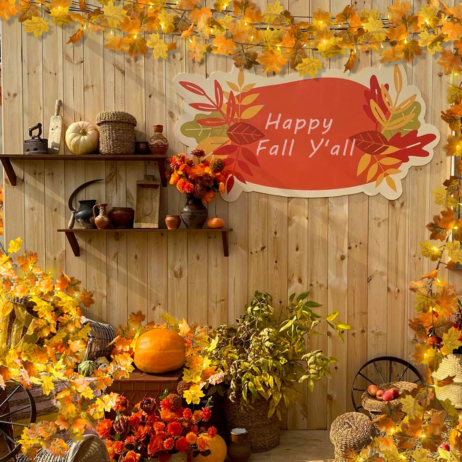 suddus Fall Leaves Garland with Lights, 20LED Battery Operated Fall Lights with Timer, Thanksgiving Decoration for Home, Table, Mantle, Office, Outdoor, Autumn, Halloween, Yellow