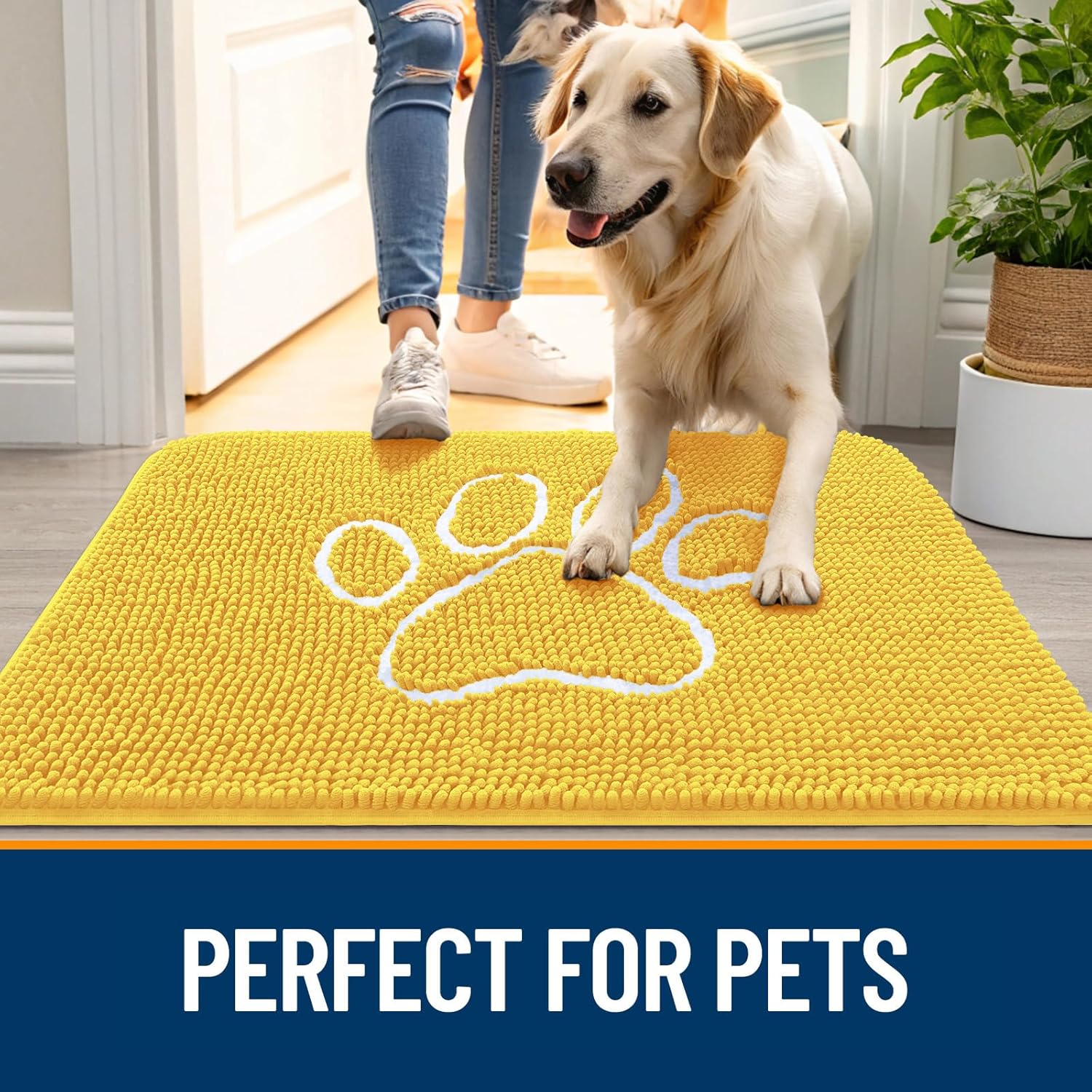 OLANLY Dog Door Mat - Absorbent Non-Slip Mud Mat for Paws | 30x20 Yellow Chenille Design