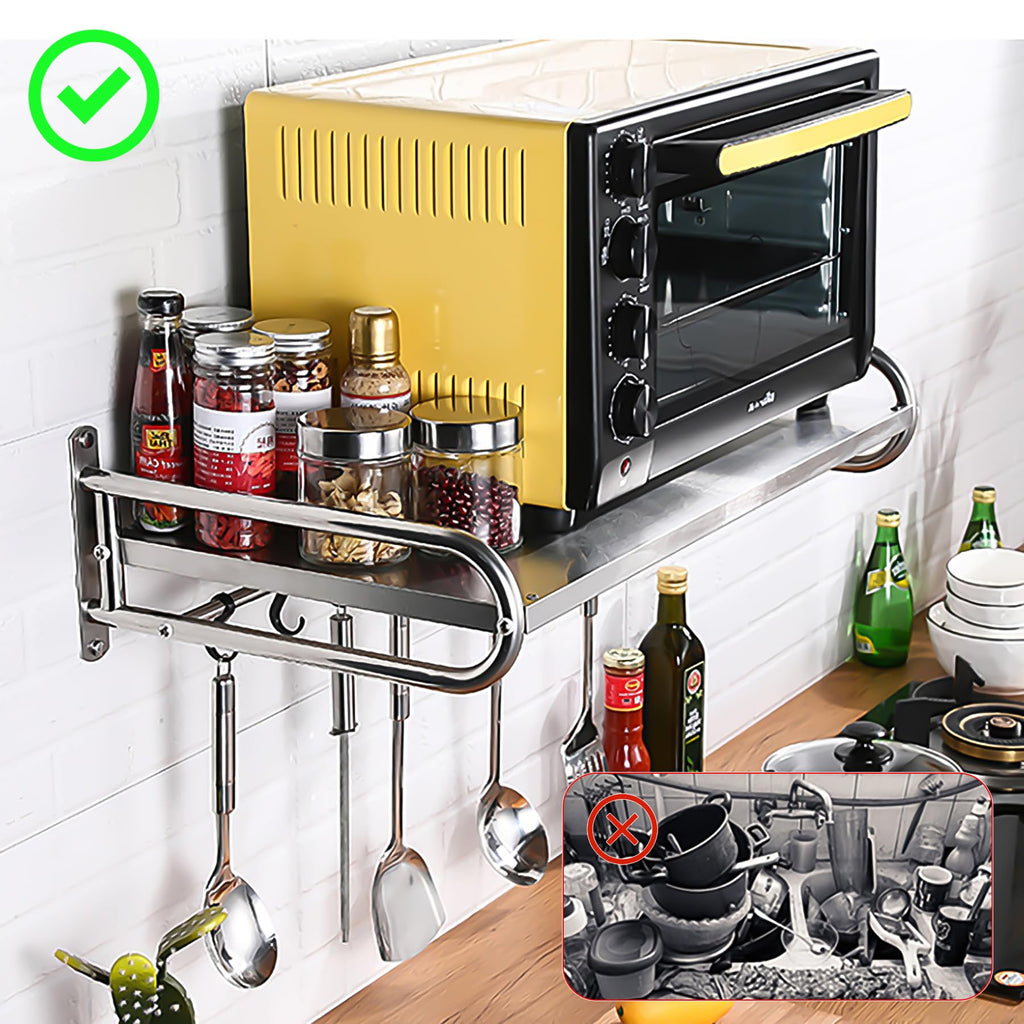 NAWESRVA Stainless Steel Microwave Wall Mount Shelf with 6 Hooks - 66 lbs Capacity, 21x15 Inches, Easy Install, Space-Saving Organizer for Home and Kitchen