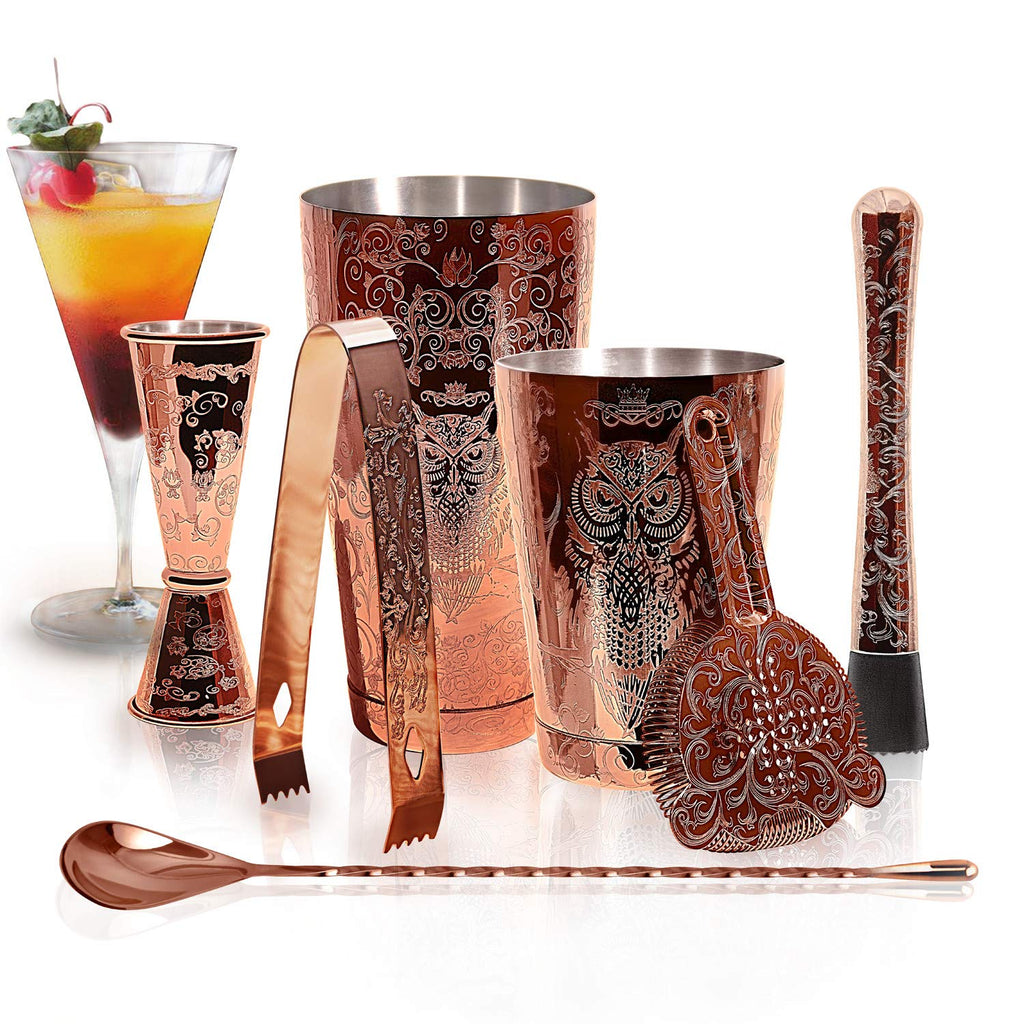 Sky Fish Bartender Kit Cocktail Shaker Set-6 Pieces Stainless Steel Copper Plated Etching Bar Tools with Boston Shaker Tins,Mixing Spoon,Mojito Muddler,Jigger,Hawthorne Strainer,Ice Tongs