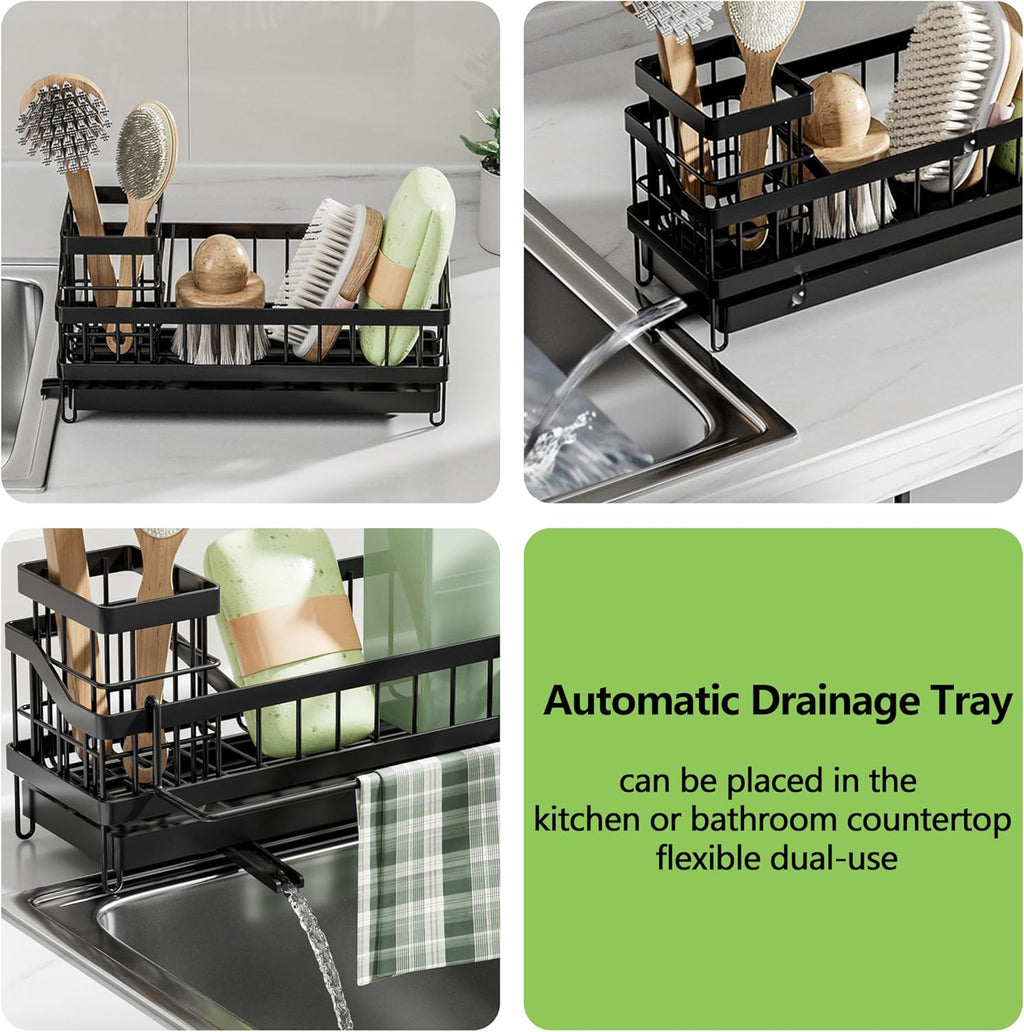 Skiennix Kitchen Sink Caddy Organizer - Rustproof Sponge Holder with Brush & Soap Dispenser | Multi-Functional Bath Storage