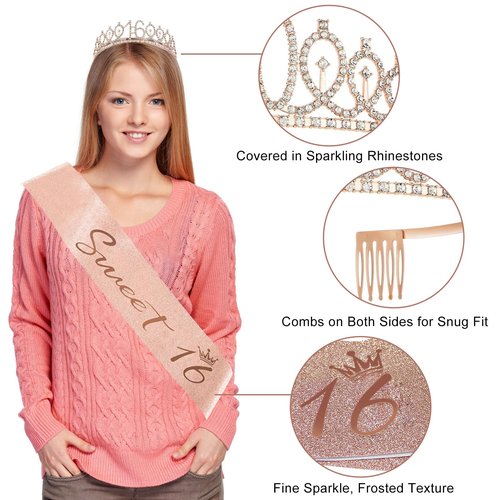 16th Birthday Decorations for Girls, 33pcs Sweet 16 Crown and Sash, Black Rose Gold Happy 16th Birthday Banner Balloons Backdrop Hanging Swirls Paper Fans, Sixteen Party Decorations Kit