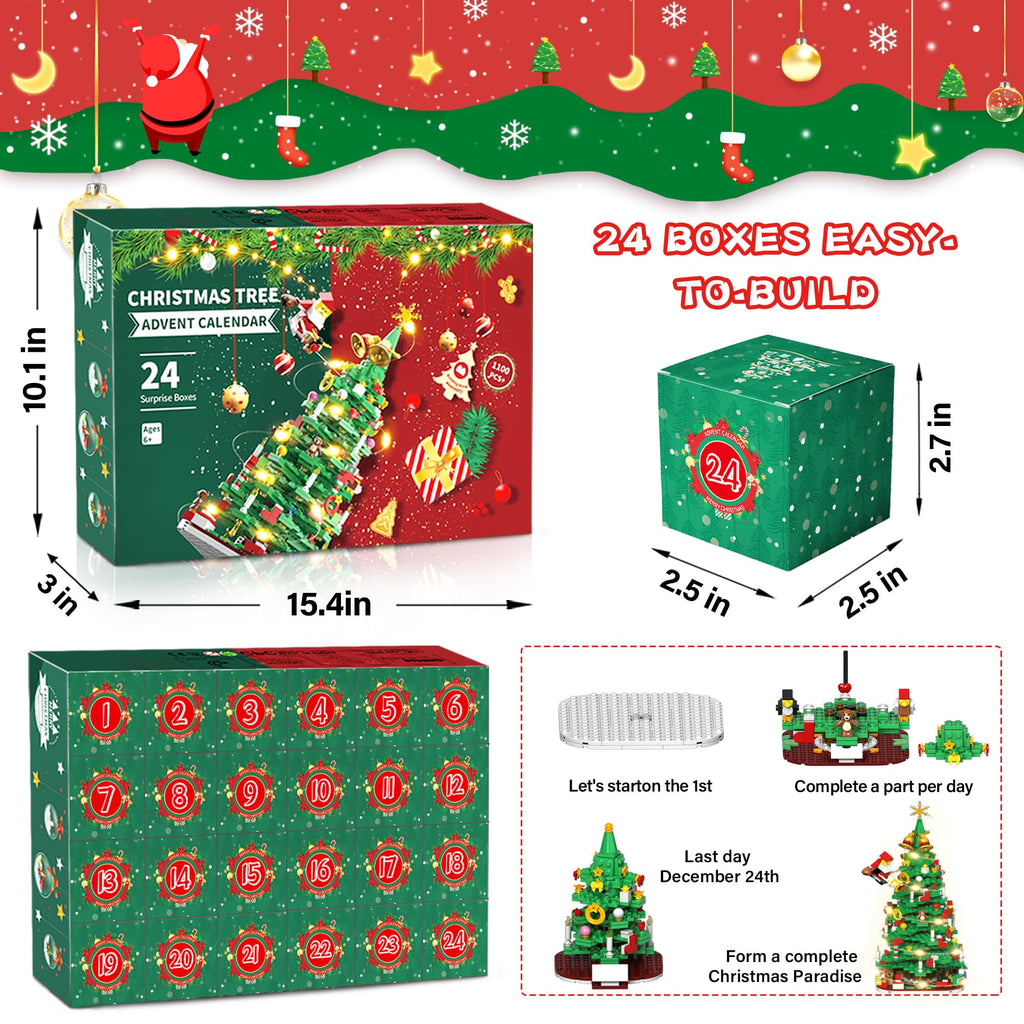 Advent Calendar 2025 Adult Kids Girls Boys Teens Women Men Christmas Tree Building Set,24 Boxes 1100+ Pcs Christmas Countdown Calendar Building Blocks with LED Light stocking stuffers for kids