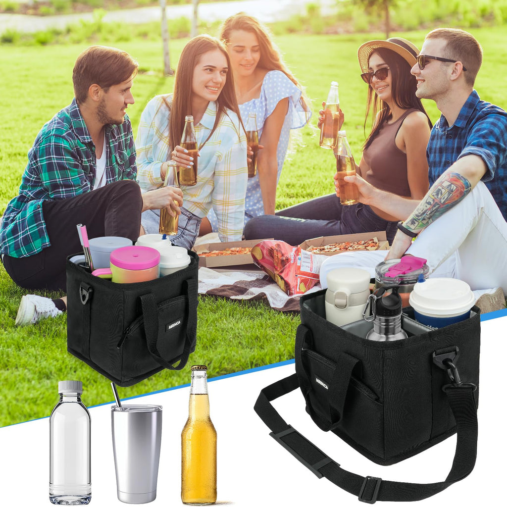 MRINCA Reusable Drink Carrier with Handle – Insulated, Collapsible 4-Cup Beverage Bag with No-Spill Base, Adjustable Dividers & Shoulder Strap, Portable Caddy for Delivery, Car and Travel, Black