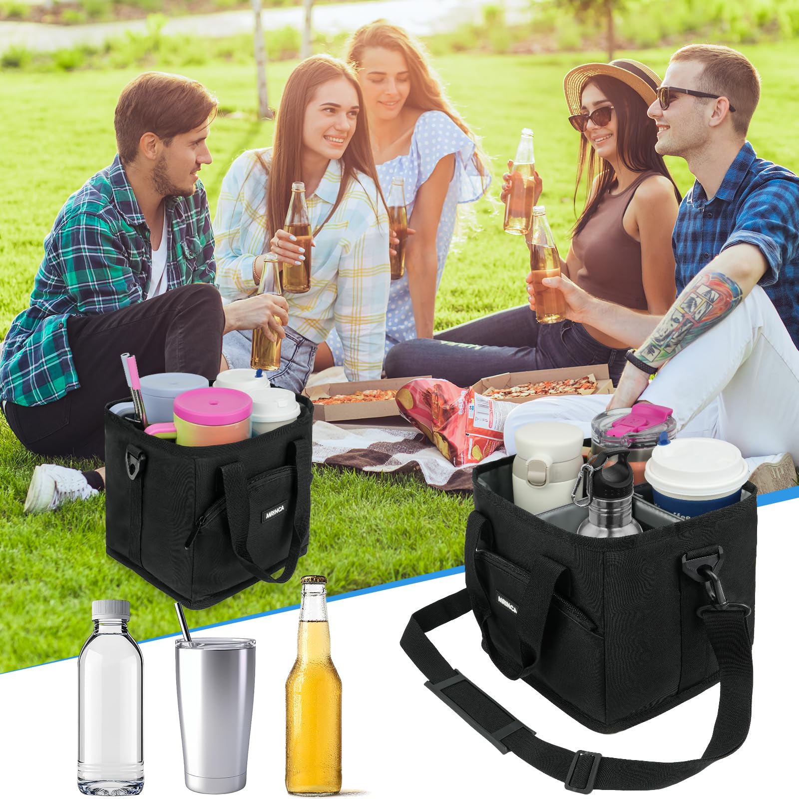 MRINCA Reusable Drink Carrier with Handle – Insulated, Collapsible 4-Cup Beverage Bag with No-Spill Base, Adjustable Dividers & Shoulder Strap, Portable Caddy for Delivery, Car and Travel, Black