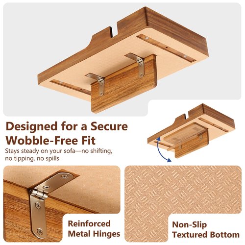 Acanacle Couch Insert Tray for Middle Seat, Acacia Wood Couch Table with 2 Cup Holders, Fits Armless Sofa & Sectionals, Fold-Flat Tray for Drinks, Snacks & Remotes