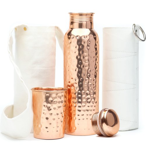 Kitchen Science- Ayurvedic 34oz Copper Water Bottle with Copper Tumbler, Bag & Sleeve – Lab-Tested, Leak-Proof