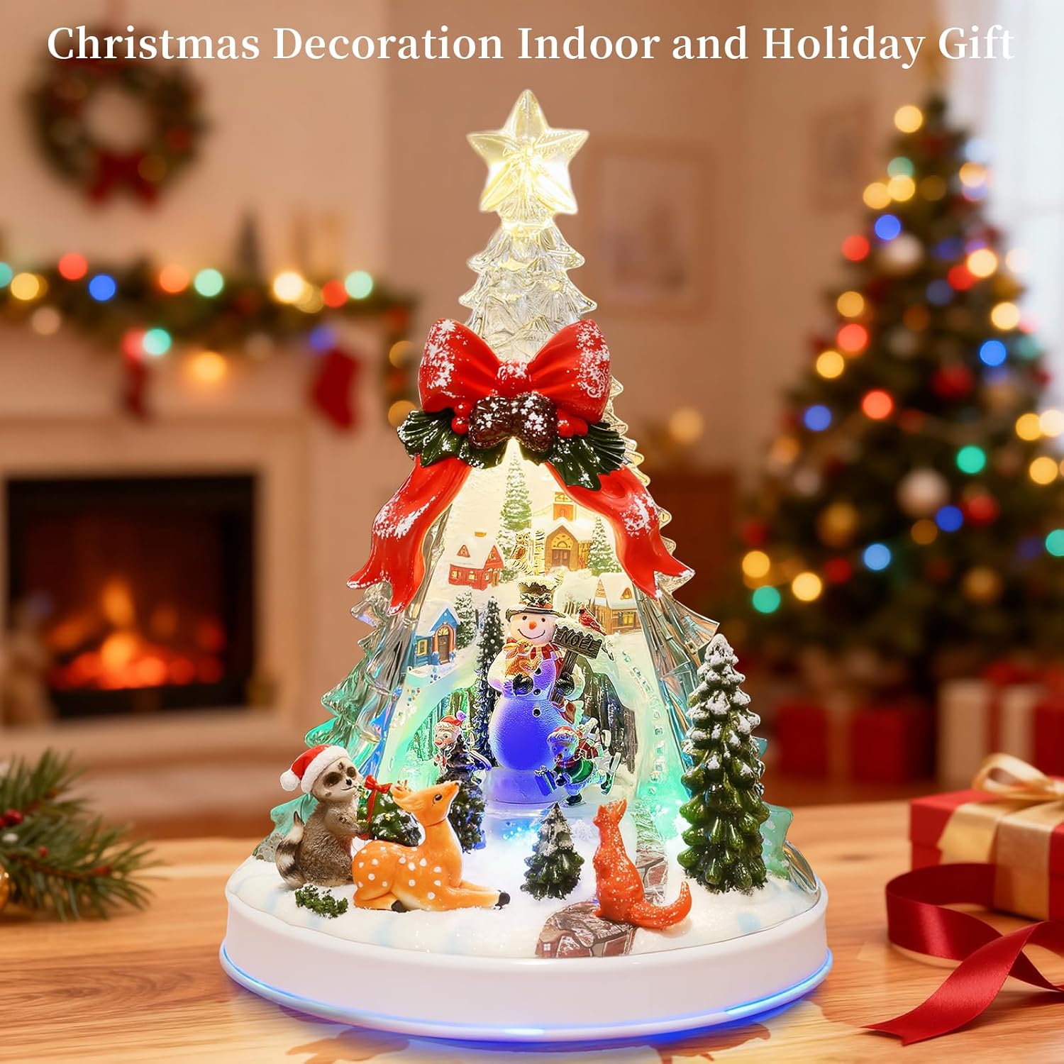 Skiennix 12.8" Animated Christmas Village Crystal Tree - Rotating Skiing Snowman, Lights & 8 Melodies