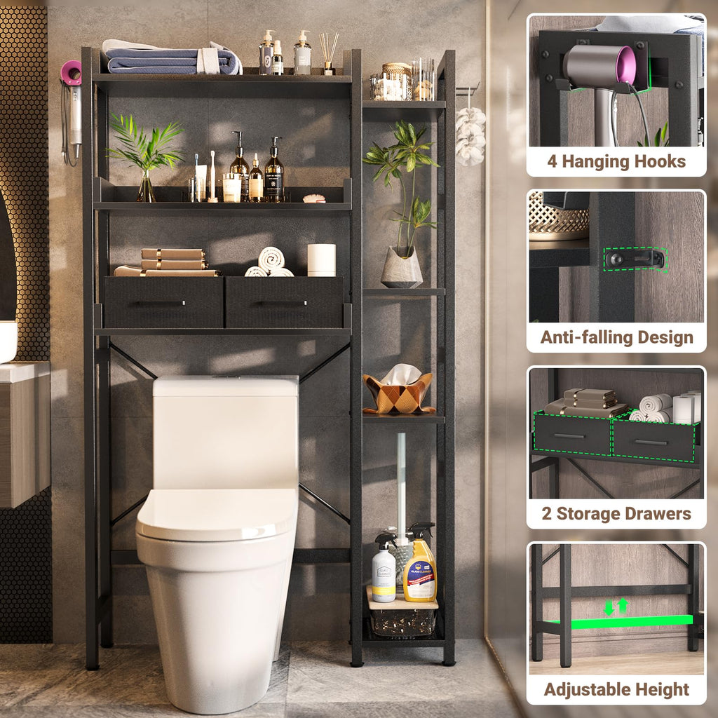 Besiost Over The Toilet Storage with 2 Drawers - 7 Tier Bathroom Organizer with Adjustable Shelf, Freestanding Space Saver Storage Rack Above Toilet Stand with 4 Hooks for Restroom, Laundry, Black