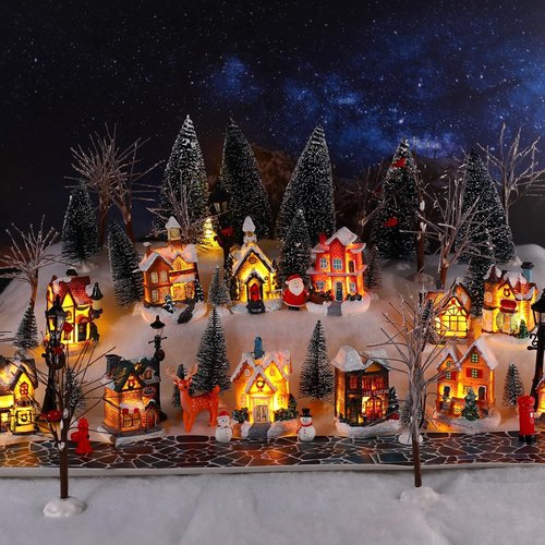 Kajaia Christmas Village Set - 68 Pieces Winter Houses, Trees & Snowman Decor for Miniature Displays