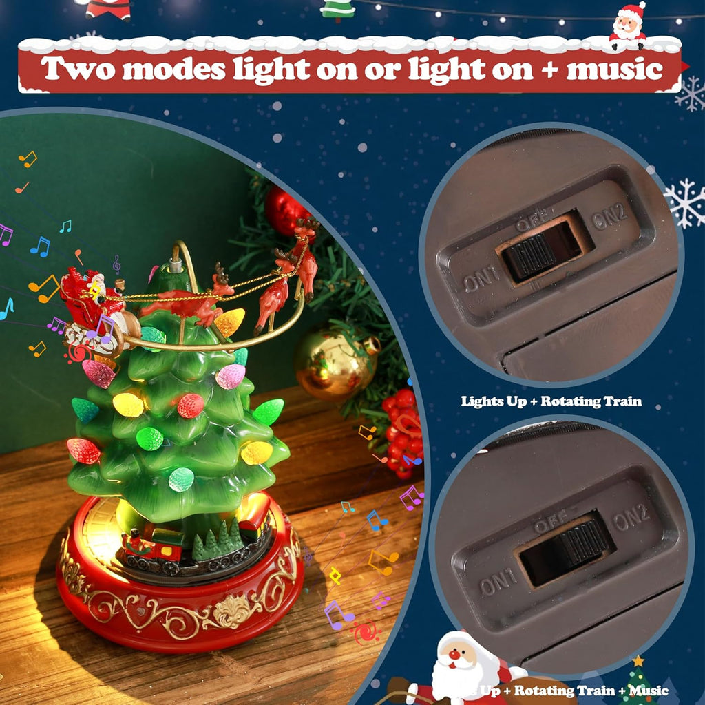 Musical Christmas Tree Decor - Rotating Train & Santa Elk Figurines with LED Lights | Festive Home Tabletop Decoration