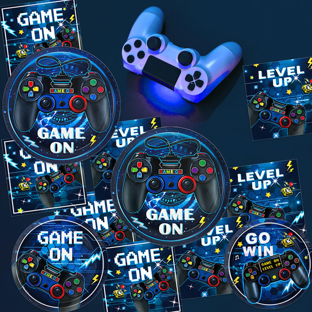 Video Game Birthday Decorations, Level Up Party Supplies Includes Plates, Napkins, Forks, Banner, Tablecloth for Boys Gamer Birthday Party Decorations, Serves 24