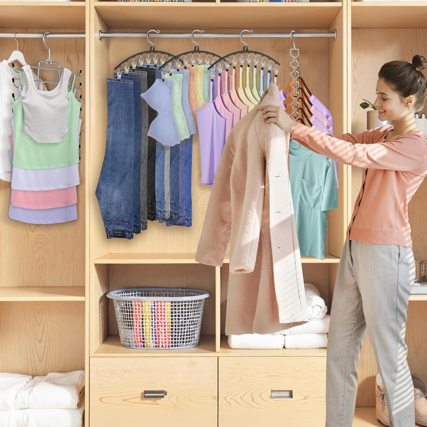 Skiennix 5-Pack Legging Organizer - Space-Saving Closet Hangers with 30 Clips & Tank Top Hanger