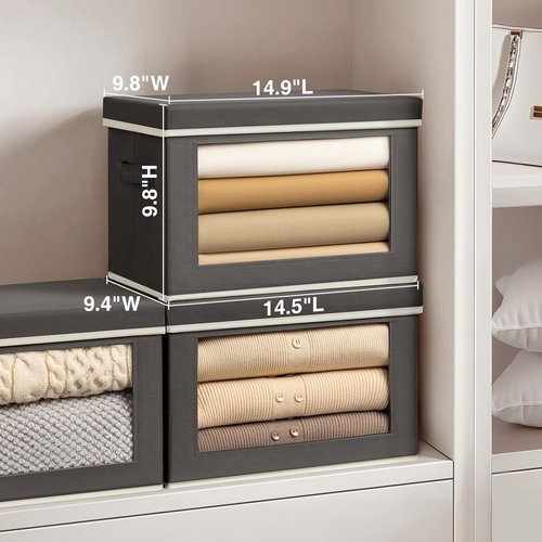 Homsorout Storage Bins - Collapsible Fabric Boxes with Lids & Windows | 3-Pack Dark Grey Closet Organizers