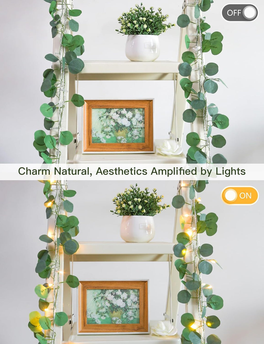 Suddus Eucalyptus Garland String Lights - 33ft 100 LED Plug-In with Remote | Warm White Leaf Lights for Bedroom, Party, Wedding Decor