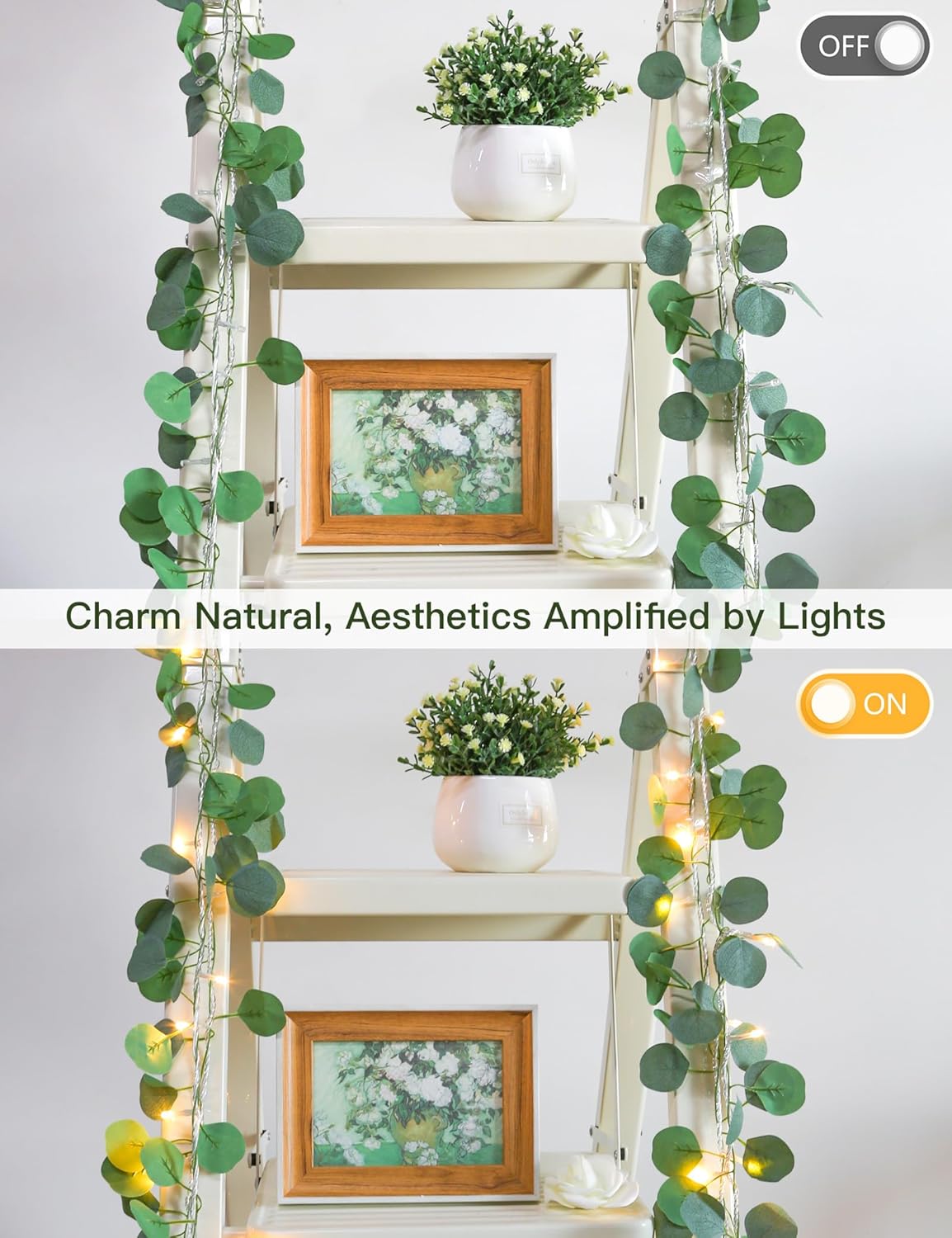 Suddus Eucalyptus Garland String Lights - 33ft 100 LED Plug-In with Remote | Warm White Leaf Lights for Bedroom, Party, Wedding Decor