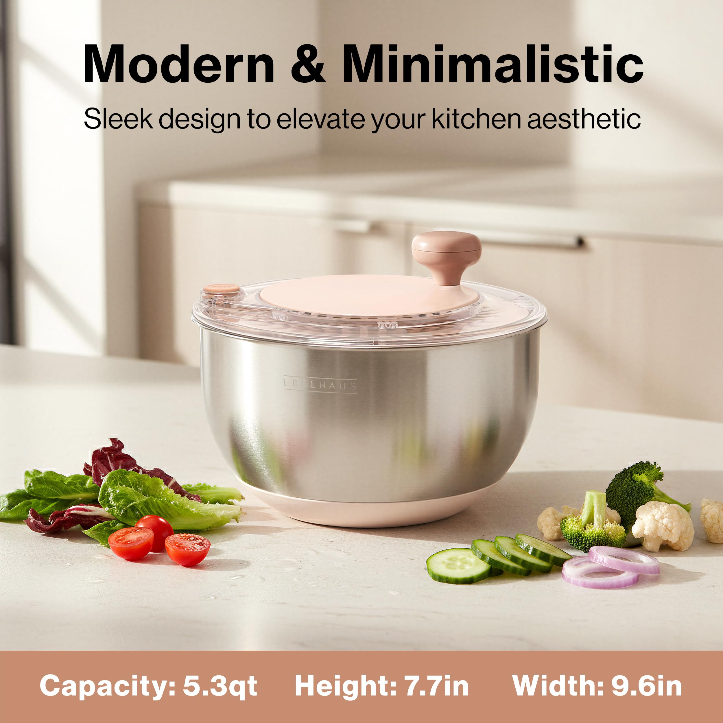 Salad Spinner Stainless Steel 5.3Qt | Lettuce Spinner BPA-Free with Stop Button, Drain Spout & Crank Handle | Fruit Cleaner Spinner | Vegetable Washer Salad Cleaner with Non-Slip Base Dishwasher Safe