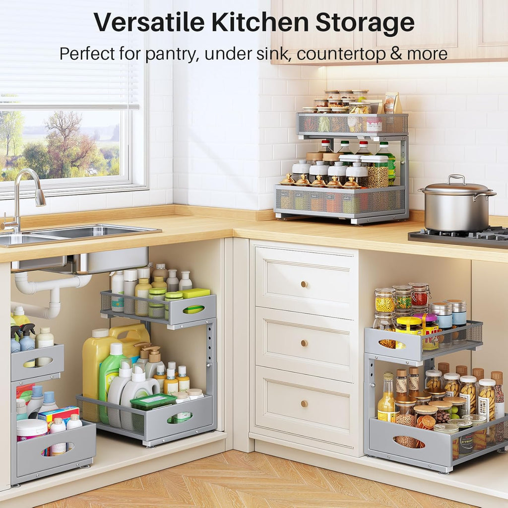 Under Sink Organizer by [Brand Name] - 2 Pack 2 Tier Pull Out Cabinet Storage with Mesh Drawers | Grey