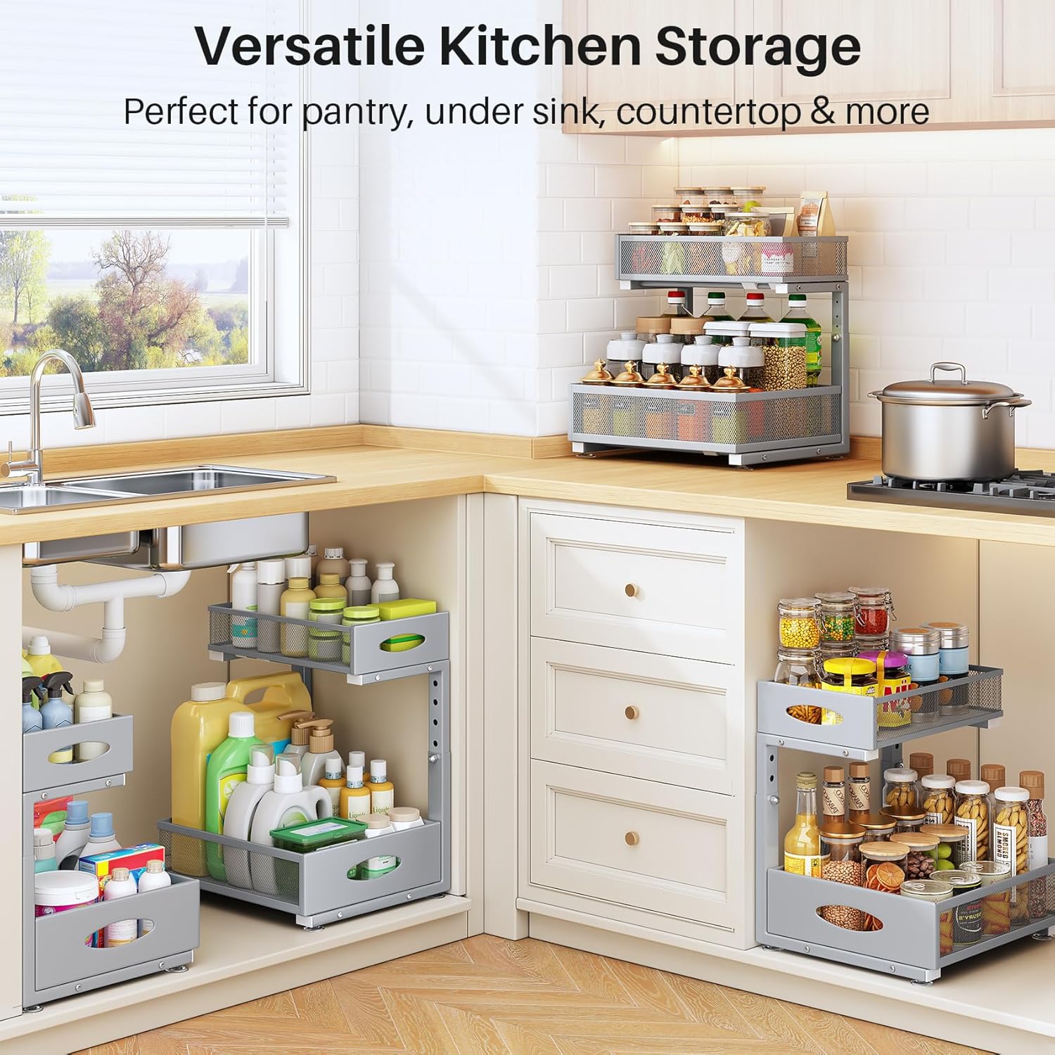 Under Sink Organizer by [Brand Name] - 2 Pack 2 Tier Pull Out Cabinet Storage with Mesh Drawers | Grey