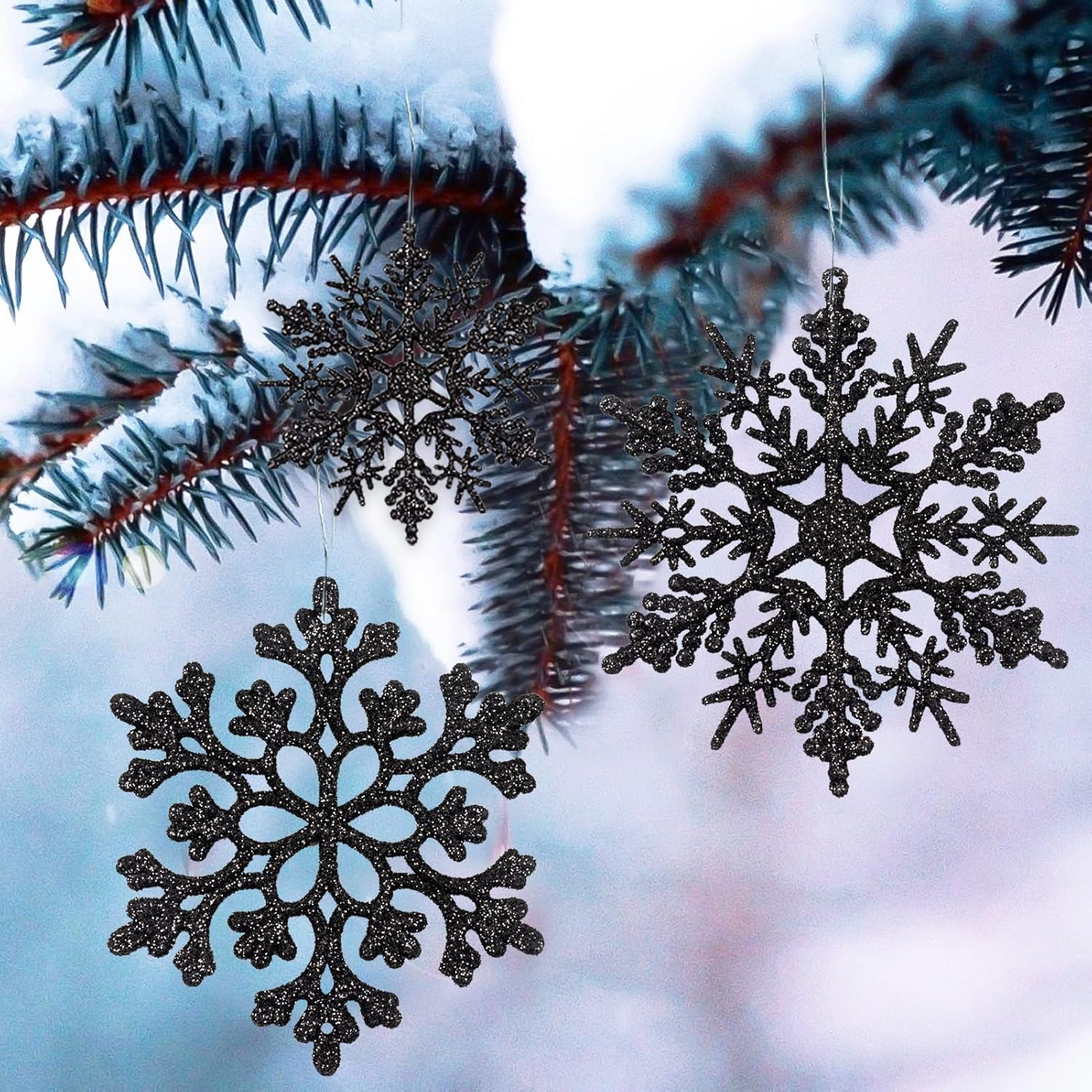 Skiennix 36-Piece Black Christmas Snowflake Ornaments - Glittery Plastic Decor for Holiday Trees & Parties