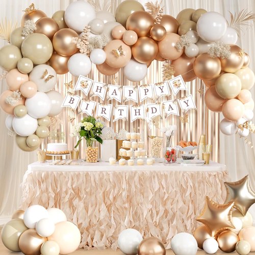 Beige Cream and Neutral Boho Birthday Party Decorations with Happy Birthday Banner, Beige Apricot Champagne Gold Balloons, Sash, Fringe Curtain, Cake Topper, Butterfly for Women Girls Party Supplies