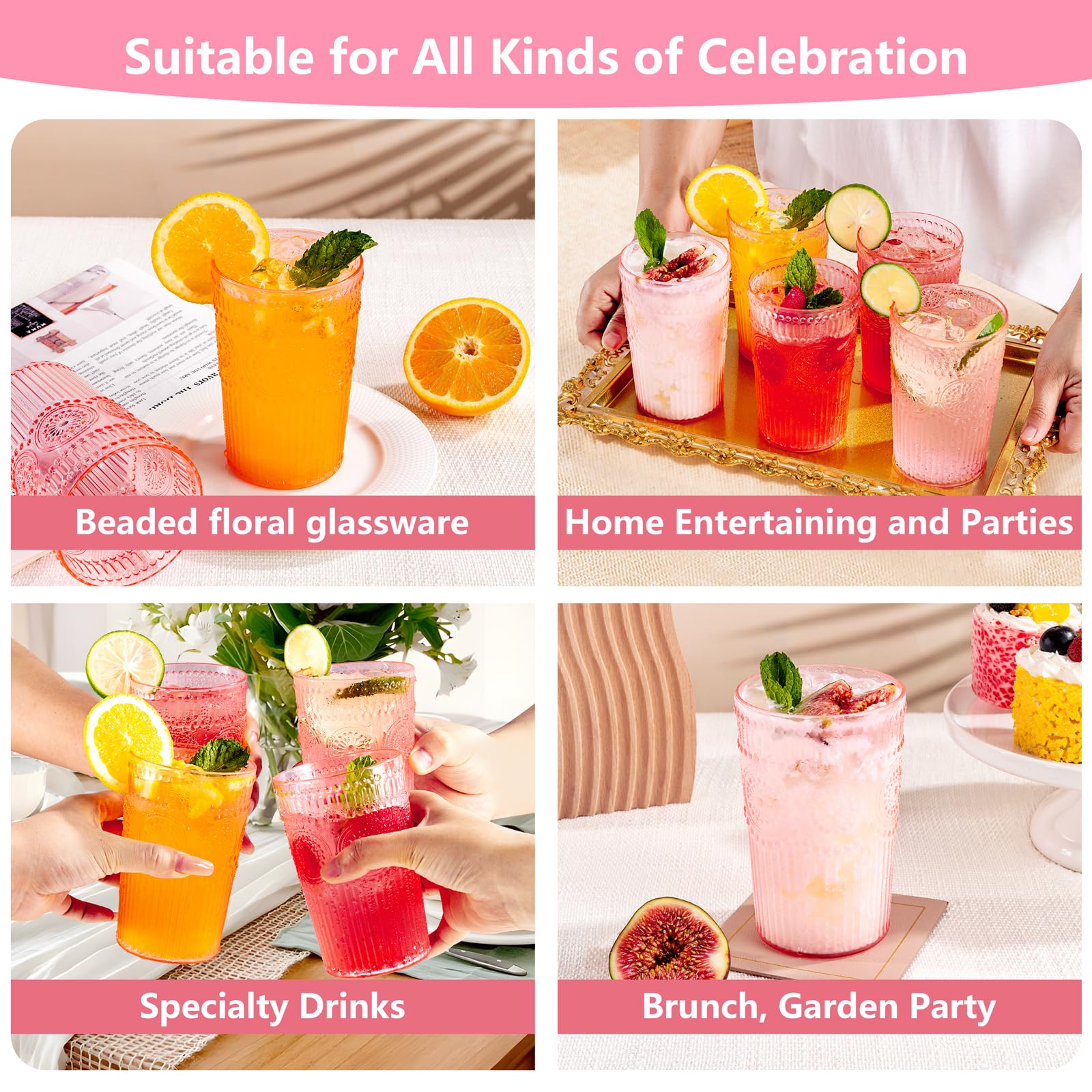 Ciaell 12 Pack Romantic Plastic Water Glasses - 14 Oz Pink Vintage Drinking Glasses, Embossed Ribbed Plastic Cups, Textured Striped Set for Juice, Beverages, Beer, Cocktail & Mother's Day