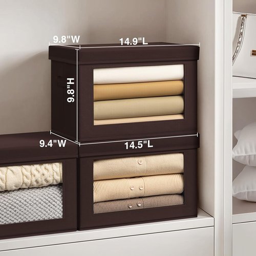 Homsorout Foldable Storage Boxes - Clear Window Fabric Organizers for Clothes | Brown, 3 Pack