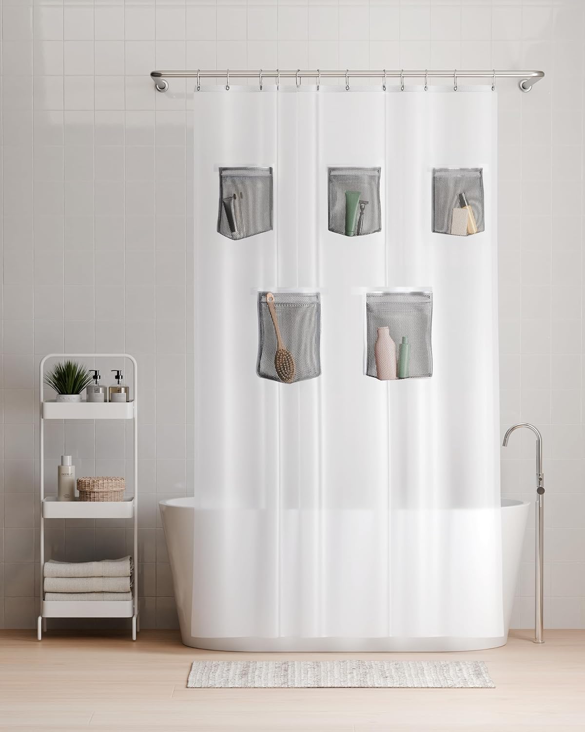 Rubbermaid Waterproof Shower Curtain Liner - Heavyweight PEVA with 5 Storage Pockets | 70x72, Frosty