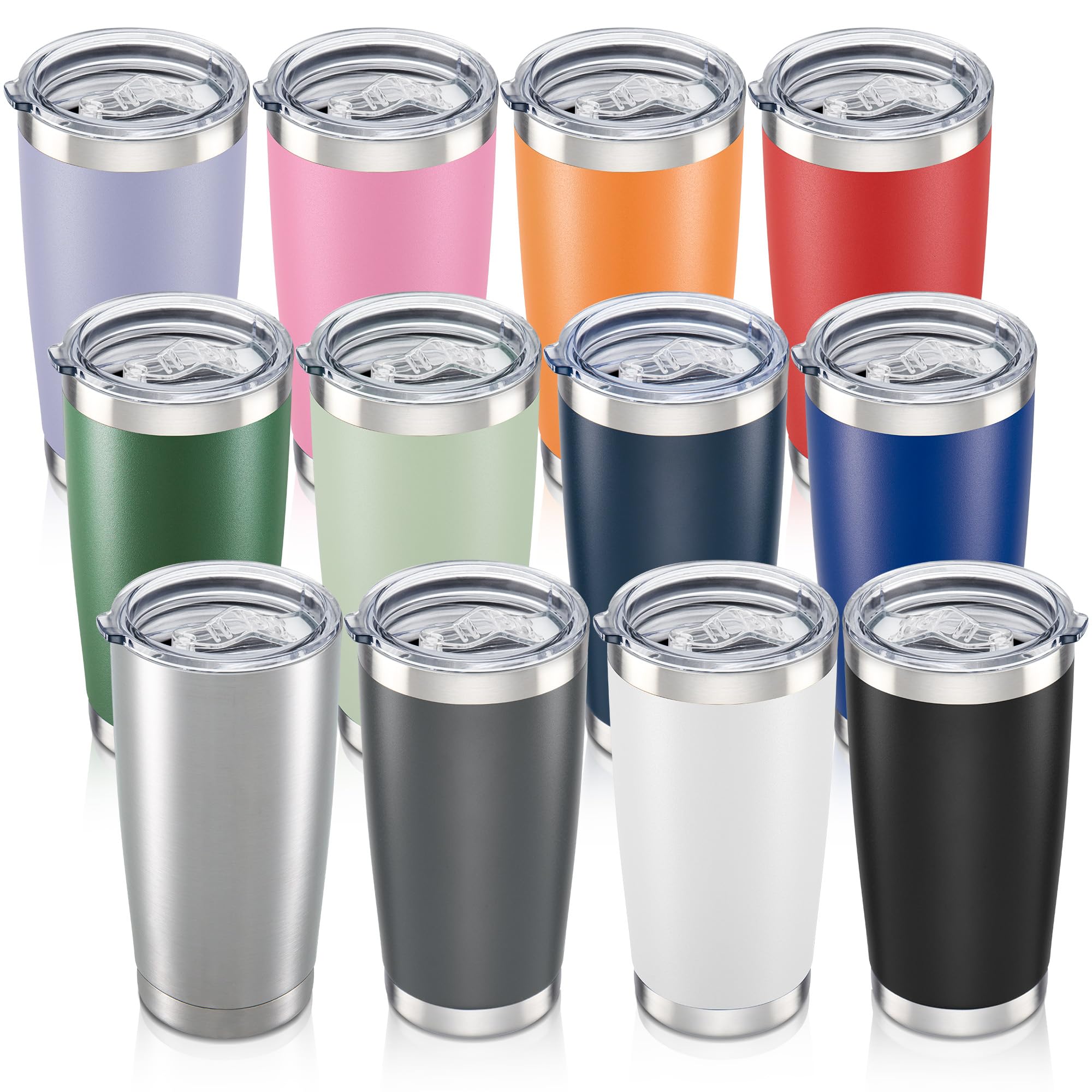 Orebigo 20 oz Tumbler with Lid Stainless Steel Insulated Tumblers Bulk Double Wall Vacuum Cups Powder Coated Travel Mug Keep Drinks Cold and Hot, Mix, 12 Pack
