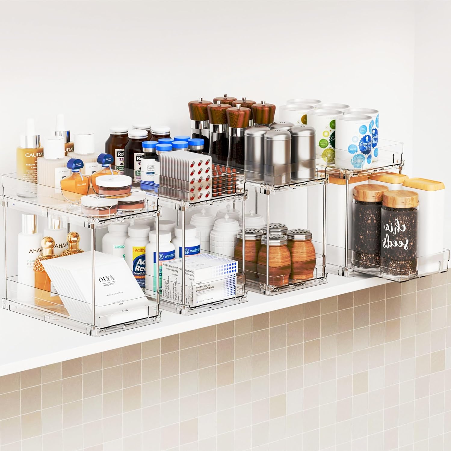 Yieach 4 Set Bathroom Organizers - 2 Tier Clear Under Sink & Medicine Cabinet Storage | Ideal for Kitchen & Pantry