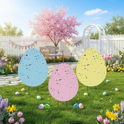 DoubleFill 3 Pcs Easter Decorations - 3D Metal Tulip & Bunny Yard Signs for Spring Garden Decor
