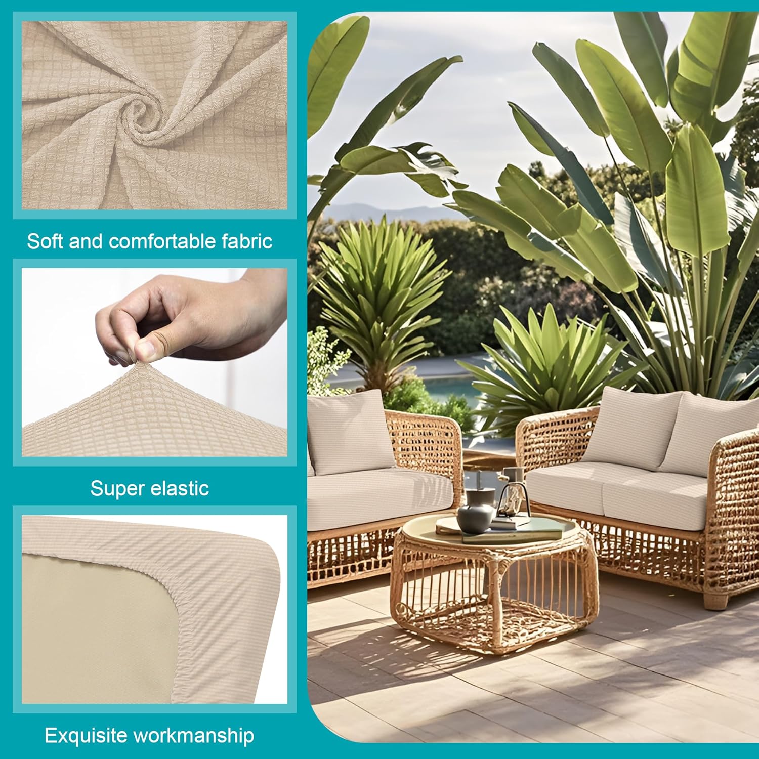 Skiennix 12-Piece Stretch Patio Cushion Covers - Washable & Reusable Outdoor Furniture Protectors | Beige