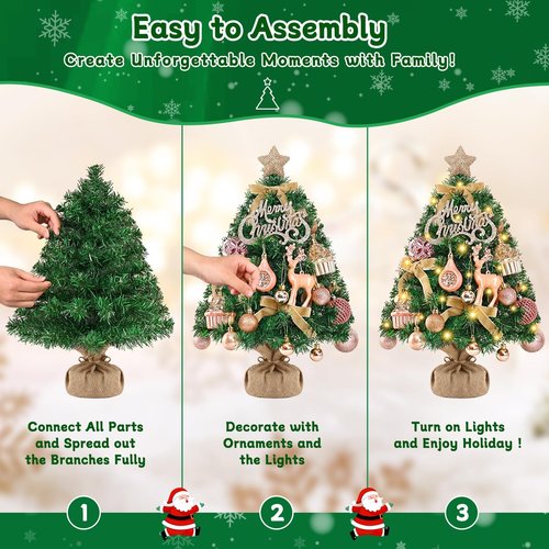 Livole 2 FT Small Christmas Tree, Mini Christmas Tree with Lights, Mini Tabletop Full Xmas Trees with 35 PCS Pink Ornaments, Merry Christmas, Xmas Tree for Table DIY Christmas Decor