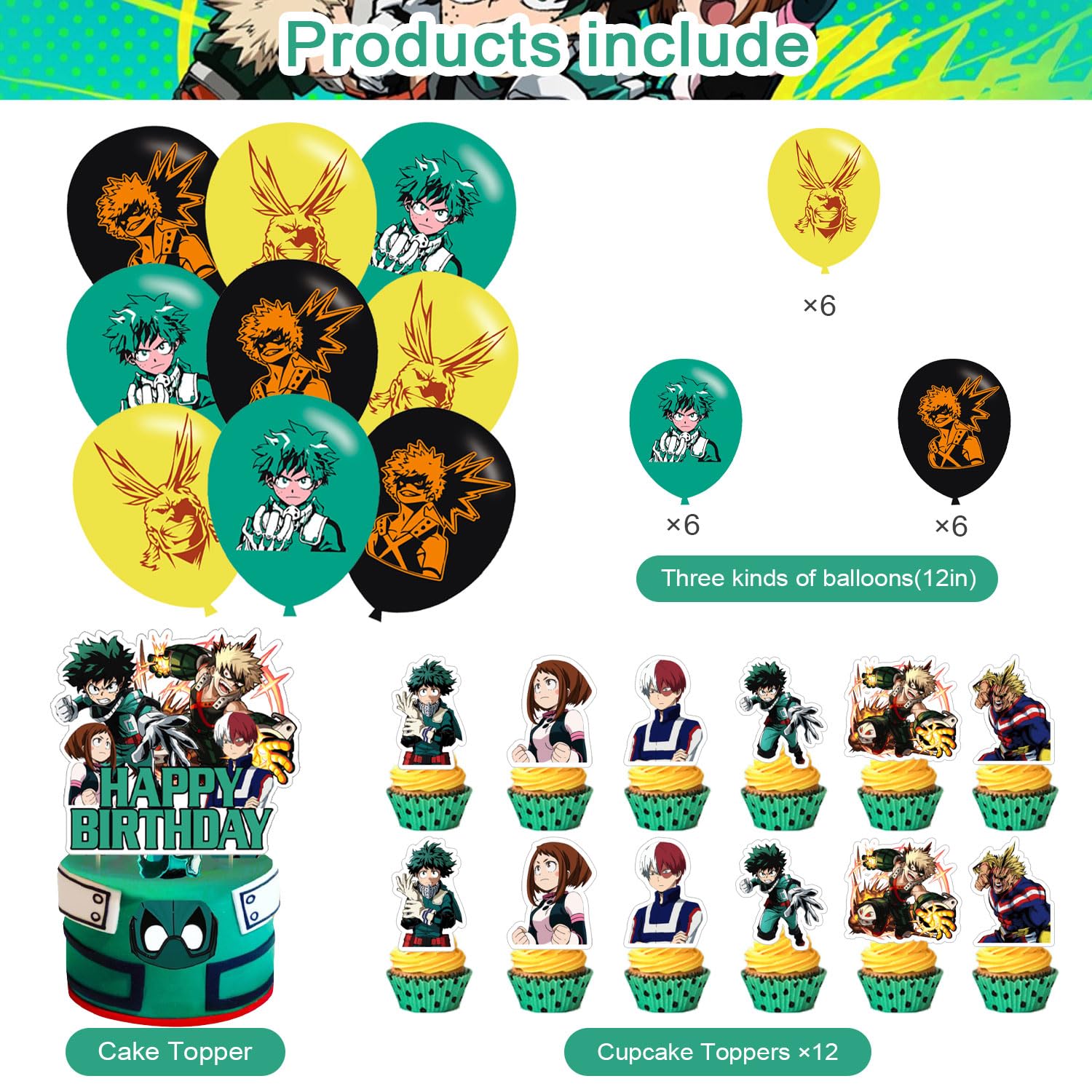 Karg Anime Birthday Party Decoration Princess Includes Cake Toppers, Cupcake Toppers, Balloons, Banner Party Supplies Decoration For Adults Boys Girls Teens
