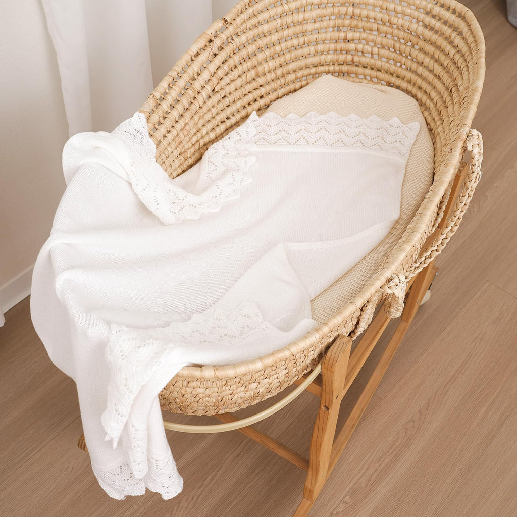 Hadetoto Baby Blanket Soft Cozy Cotton Cable Knit Crochet Receiving Crib Nursery Swaddling Blankets for Newborn Boys Girls (Baby White)
