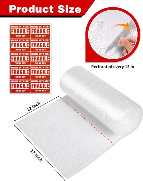 Bubble Cushioning Wrap Rolls by [Brand Name] - 2-Pack, 3/16" x 17" x 72' ft, Includes 20 Fragile Stickers for Safe Shipping