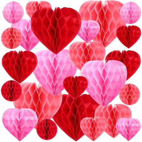 Yexiya 32 Pieces Honeycomb Balls Valentines Pom Poms Red Paper Honeycomb Ball Decorations Hearts Tissue Paper for Wedding, Valentine's Day, Engagement, Bridal Shower(Red, Light Pink, Blush Pink)