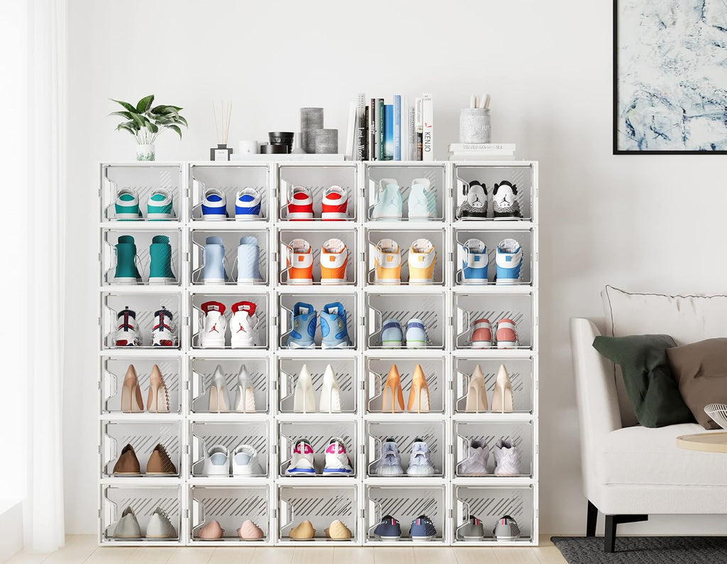 Skiennix Shoe Organizer - 12 Pack X-Large Clear Plastic Stackable Storage Boxes for Size 13