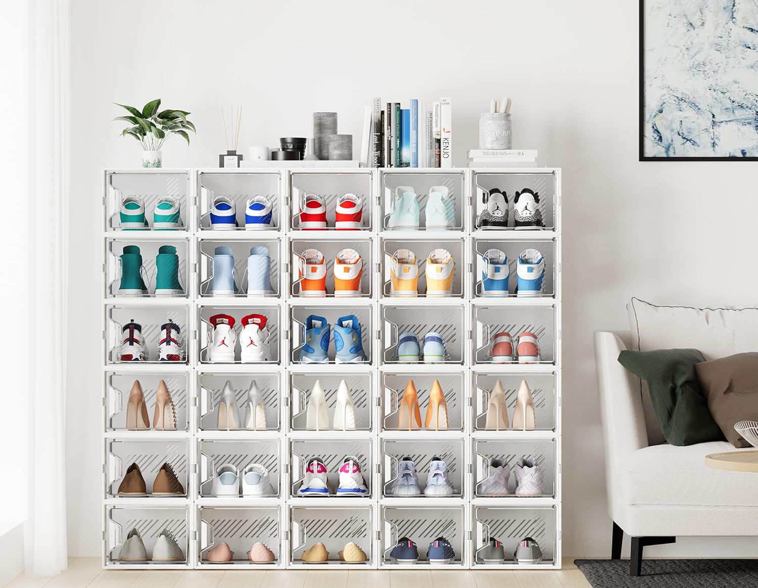 Skiennix Shoe Organizer - 12 Pack X-Large Clear Plastic Stackable Storage Boxes for Size 13