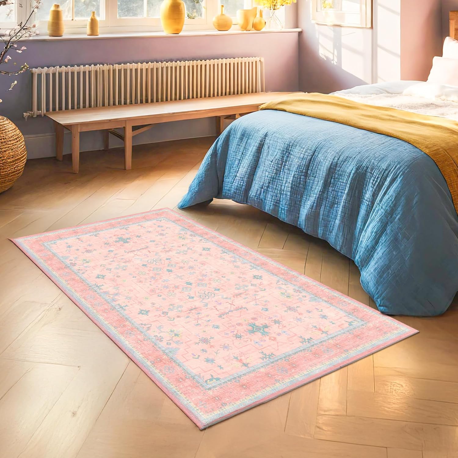 Skiennix Washable 3x5 Pink Rug - Soft Faux Wool, Non-Slip, Stain Resistant for Girls' Bedroom & Nursery